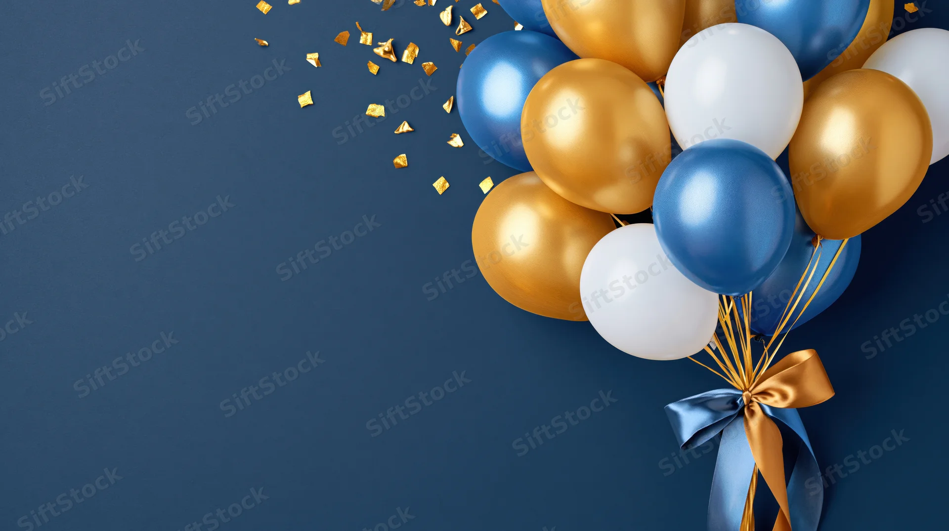 Cluster of gold blue and white balloons tied with satin ribbon and confetti on dark blue background