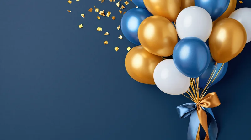 Cluster of gold blue and white balloons tied with satin ribbon and confetti on dark blue background
