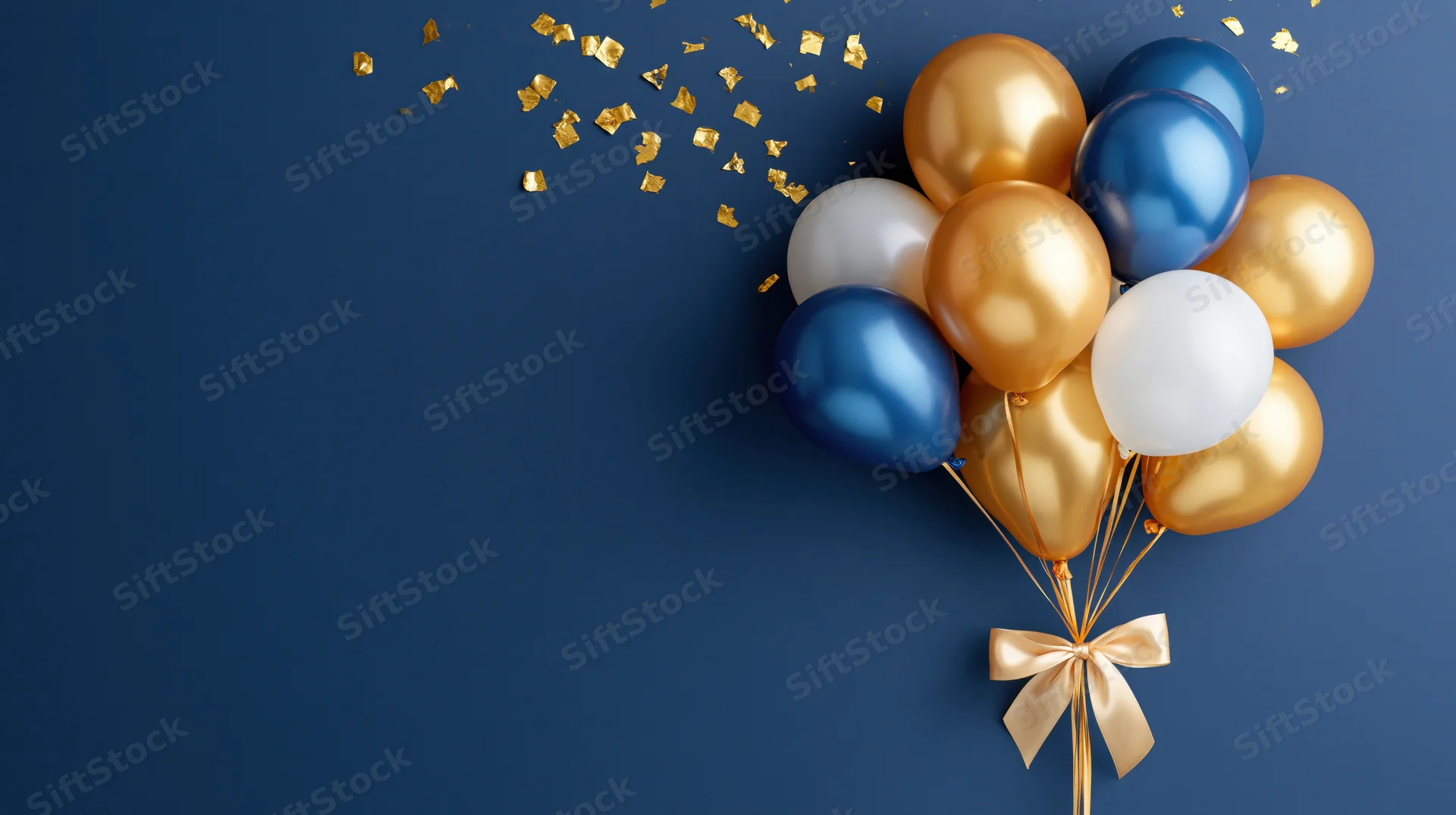 Cluster of gold blue and white balloons tied with a satin ribbon on a blue background with scattered confetti and copyspace