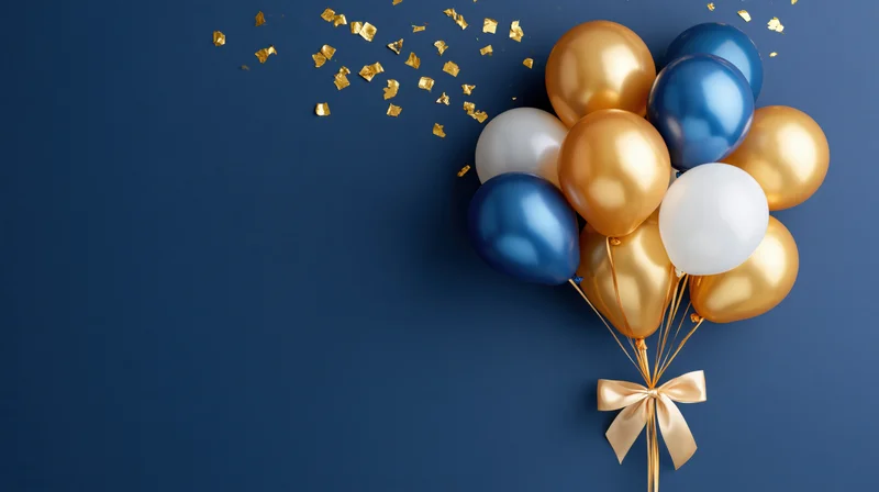 Cluster of gold blue and white balloons tied with a satin ribbon on a blue background with scattered confetti and copyspace
