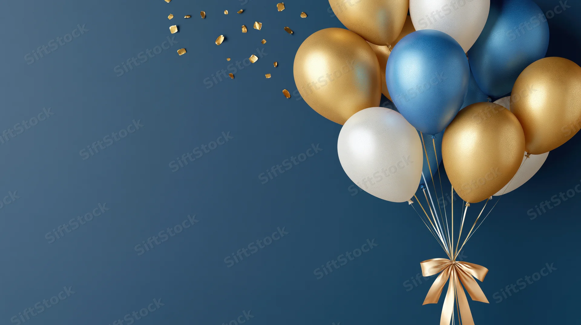 Cluster of gold blue and white balloons tied with a satin ribbon against a dark blue background with scattered confetti and copyspace