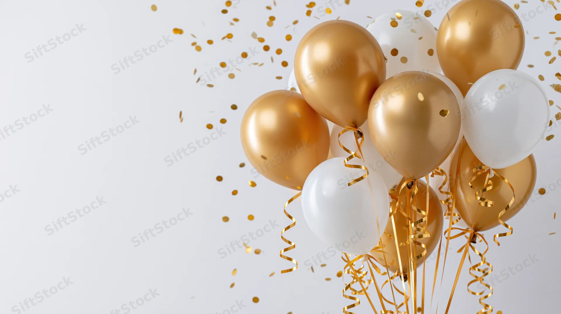 Cluster of gold metallic and white latex balloons with curling ribbons and falling confetti against white background