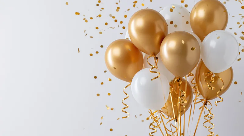Cluster of gold metallic and white latex balloons with curling ribbons and falling confetti against white background