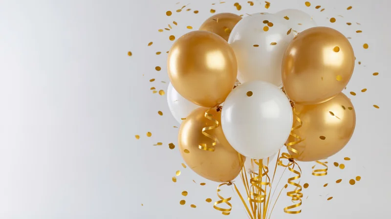 Cluster of gold metallic and white latex balloons with curling ribbons and confetti floating against white background