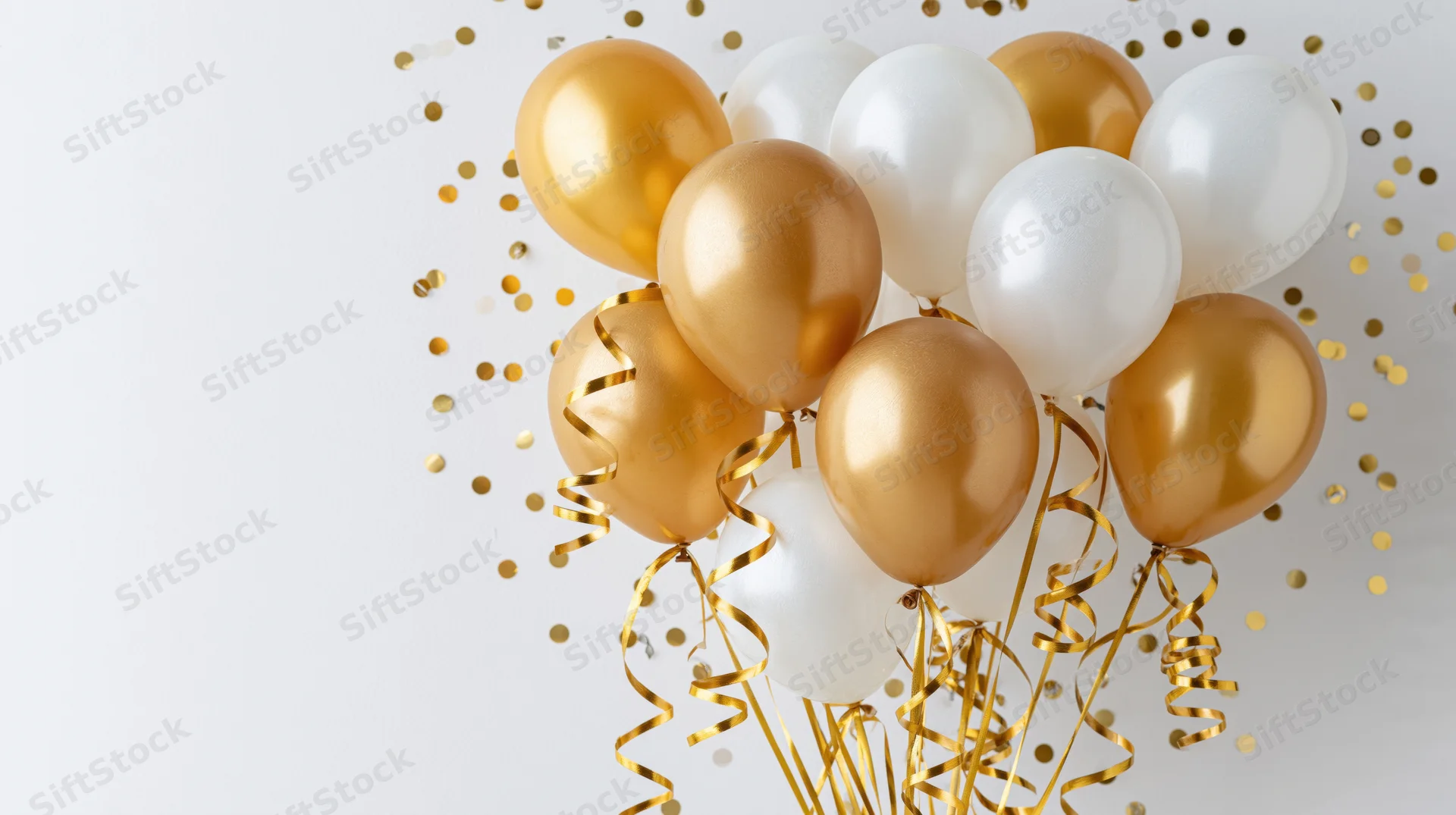 Cluster of gold metallic and white latex balloons with curling ribbons and confetti against white background
