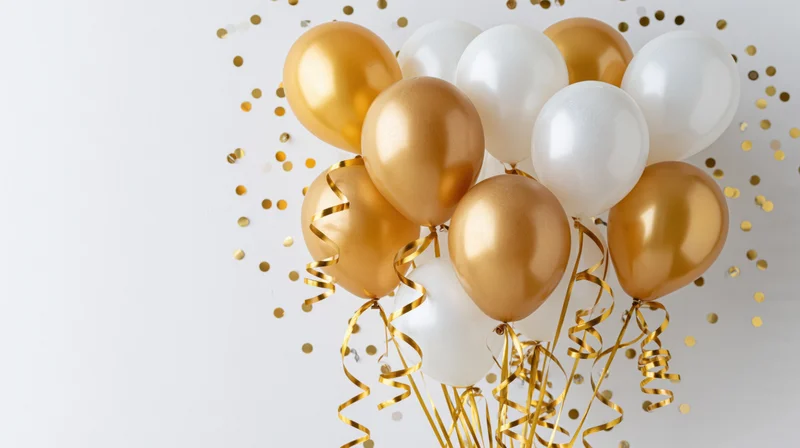 Cluster of gold metallic and white latex balloons with curling ribbons and confetti against white background