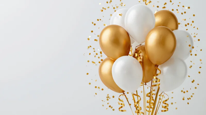 Cluster of gold metallic and white latex balloons with curling ribbons and confetti against a light background with copyspace
