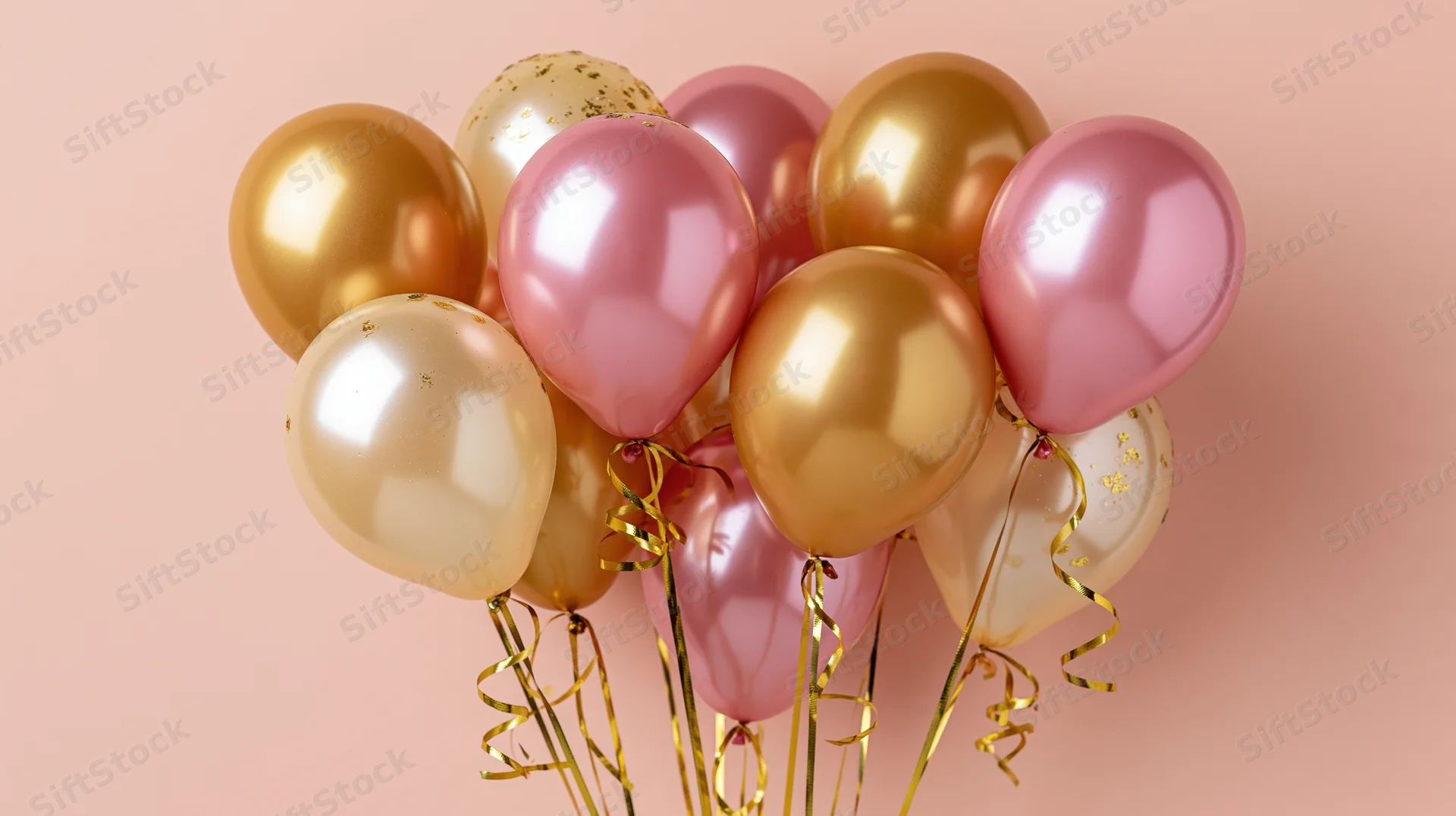 Cluster of metallic pink gold and champagne helium balloons against a soft peach background with gold curling ribbons