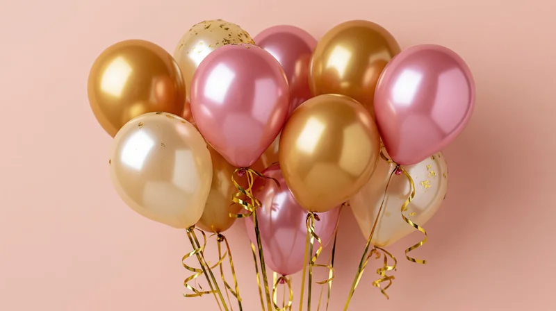 Cluster of metallic pink gold and champagne helium balloons against a soft peach background with gold curling ribbons