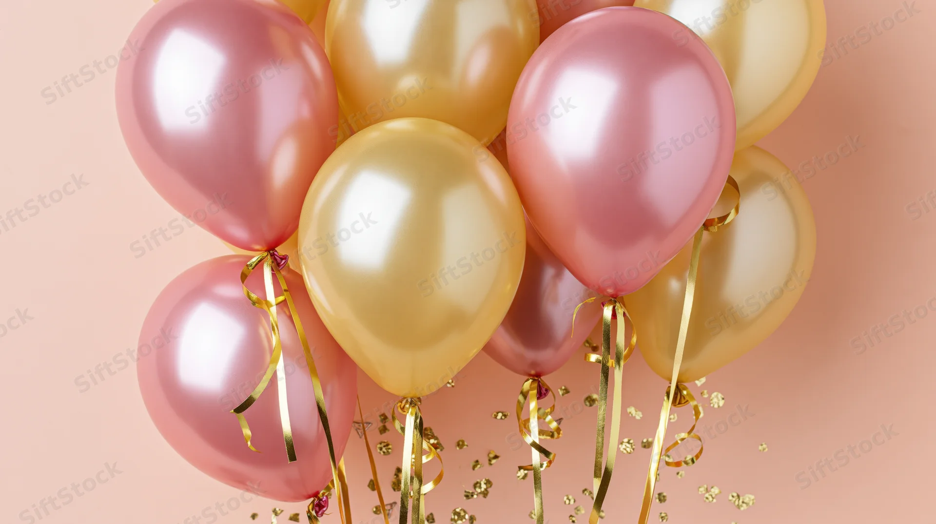 Cluster of metallic pink and gold helium balloons with confetti and ribbons against a soft peach background