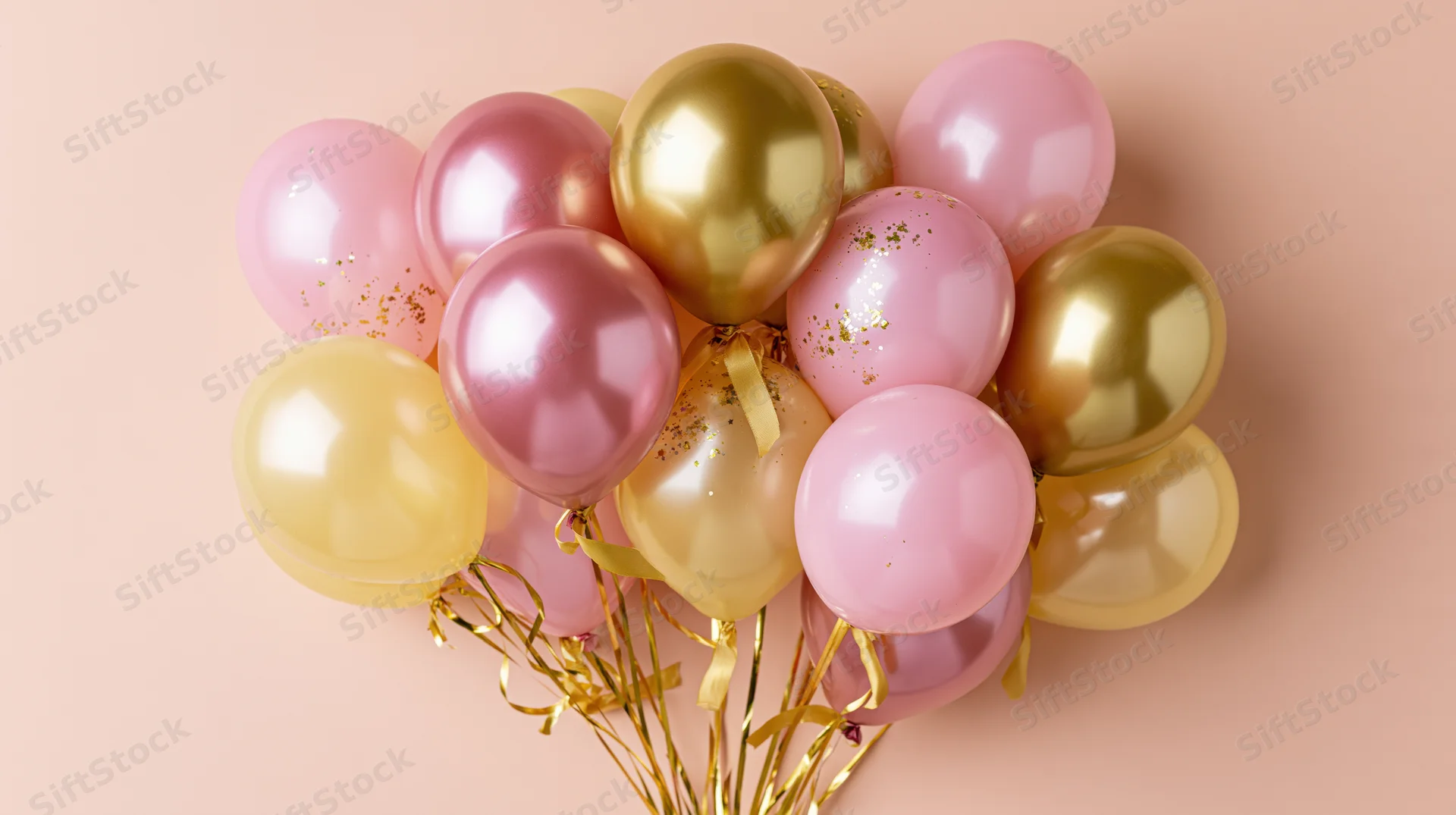 Cluster of metallic pink gold and champagne helium balloons on a soft pink background with ribbons and confetti, arranged as a festive decoration