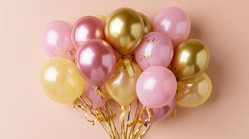 Cluster of metallic pink gold and champagne helium balloons on a soft pink background with ribbons and confetti, arranged as a festive decoration