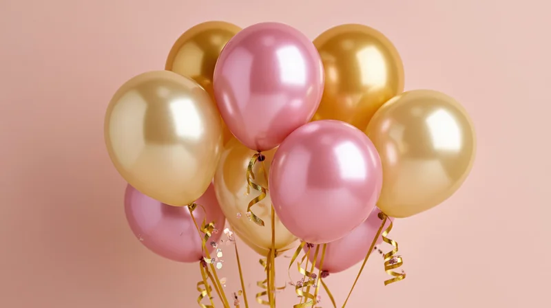 Cluster of metallic pink and gold helium balloons tied with ribbons against a soft pink background