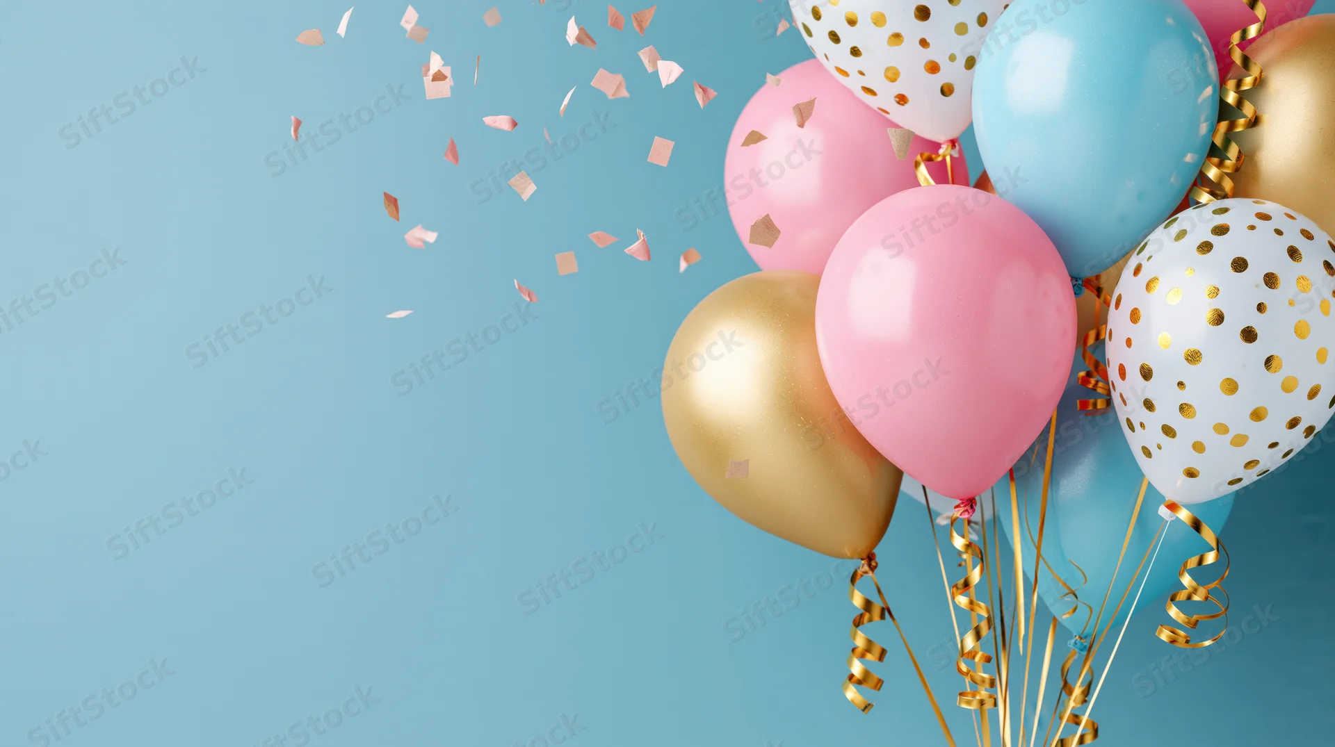Cluster of pink, gold, blue and white party balloons with confetti floating against a light blue background