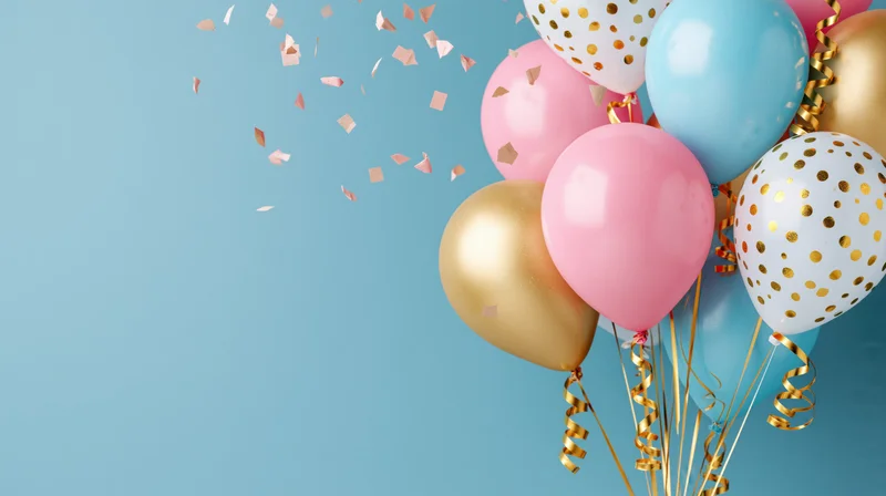 Cluster of pink, gold, blue and white party balloons with confetti floating against a light blue background