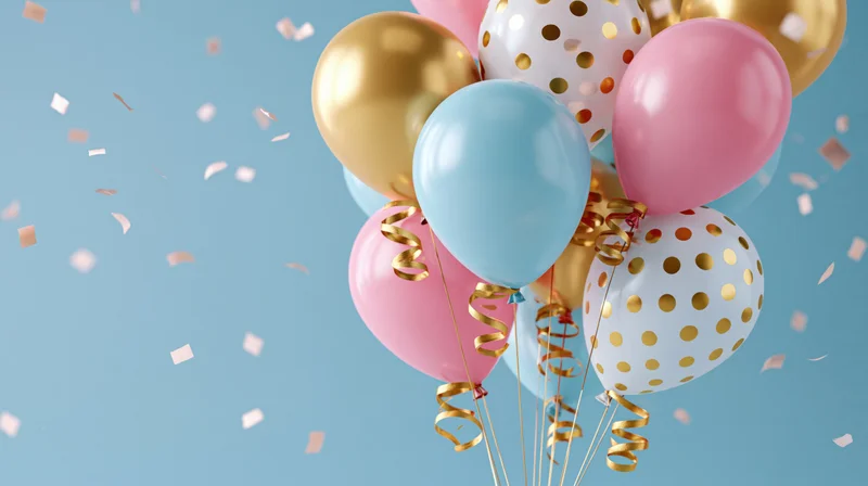Cluster of pink, gold, blue and white polka dot balloons with confetti floating against light blue background