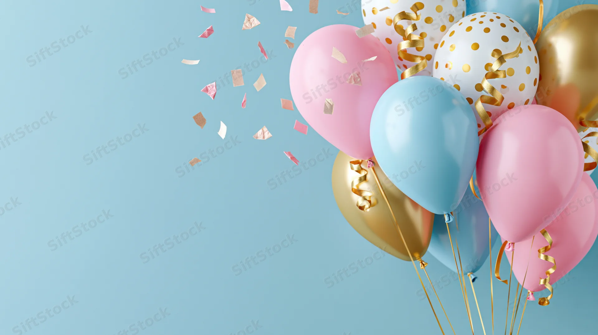 Cluster of pink, blue, and gold party balloons with falling confetti and ribbons on a light blue background