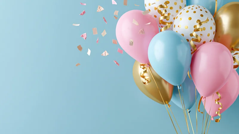 Cluster of pink, blue, and gold party balloons with falling confetti and ribbons on a light blue background