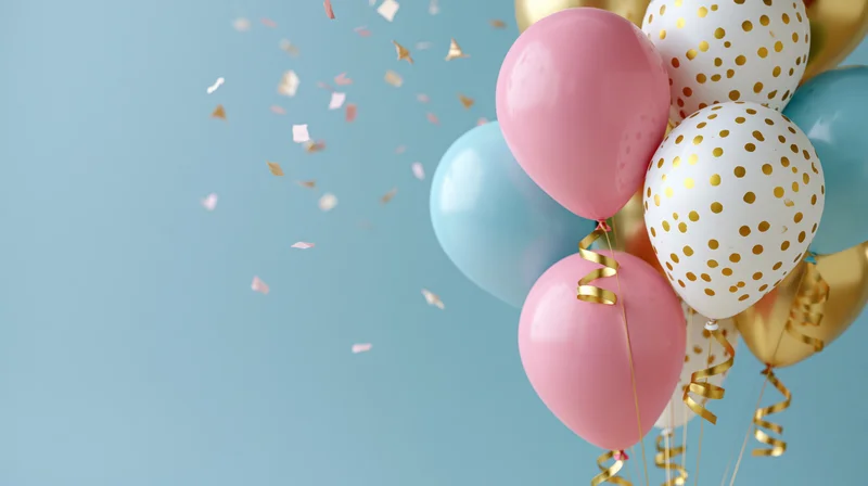 Cluster of pink, gold, white and blue party balloons with confetti and ribbons floating against a light blue background with copyspace on the left