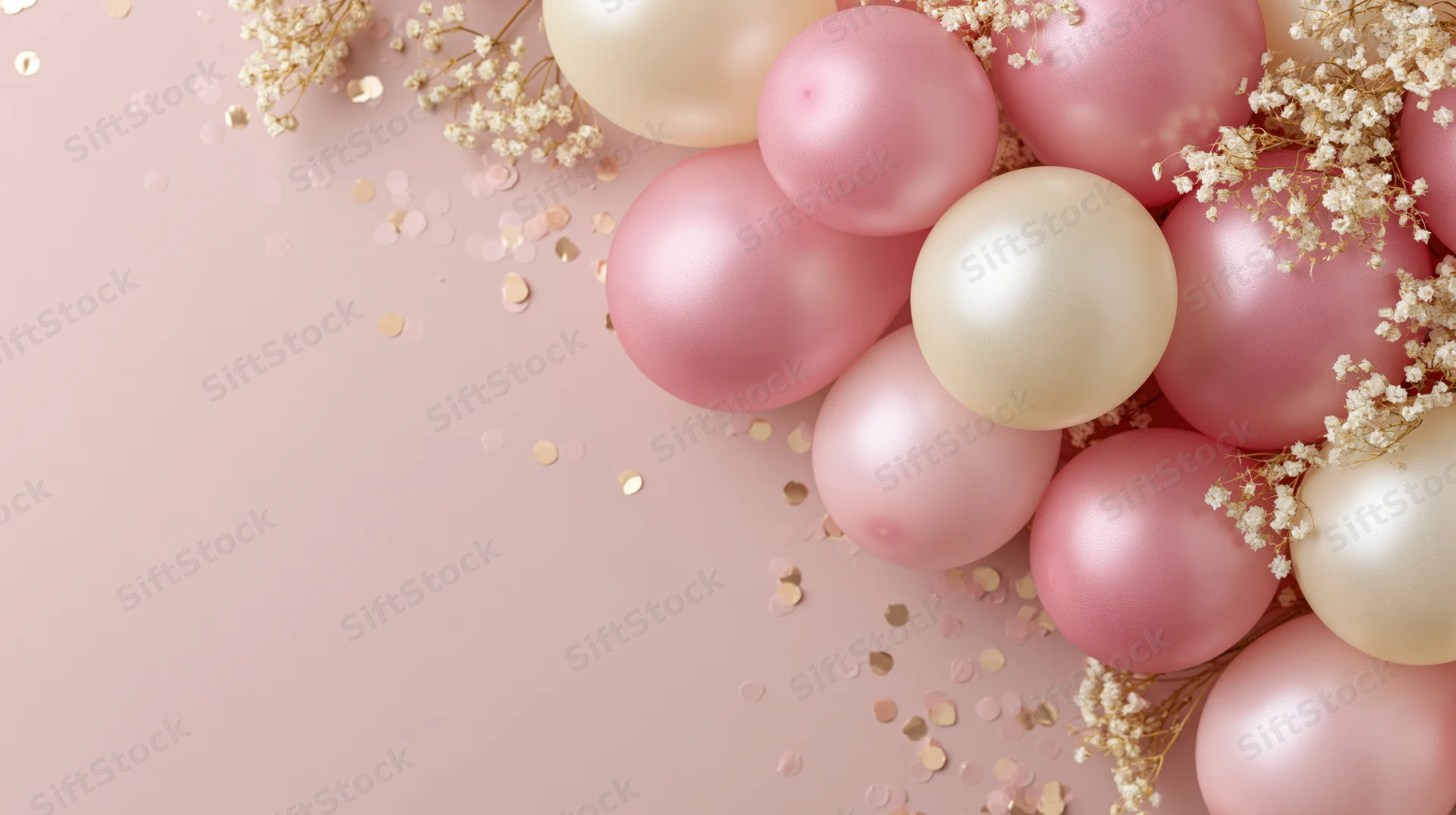 Cluster of pink and cream satin balloons with baby's breath and gold confetti arranged in corner on pastel pink surface