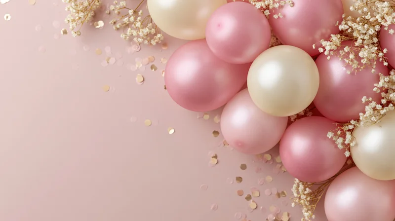 Cluster of pink and cream satin balloons with baby's breath and gold confetti arranged in corner on pastel pink surface
