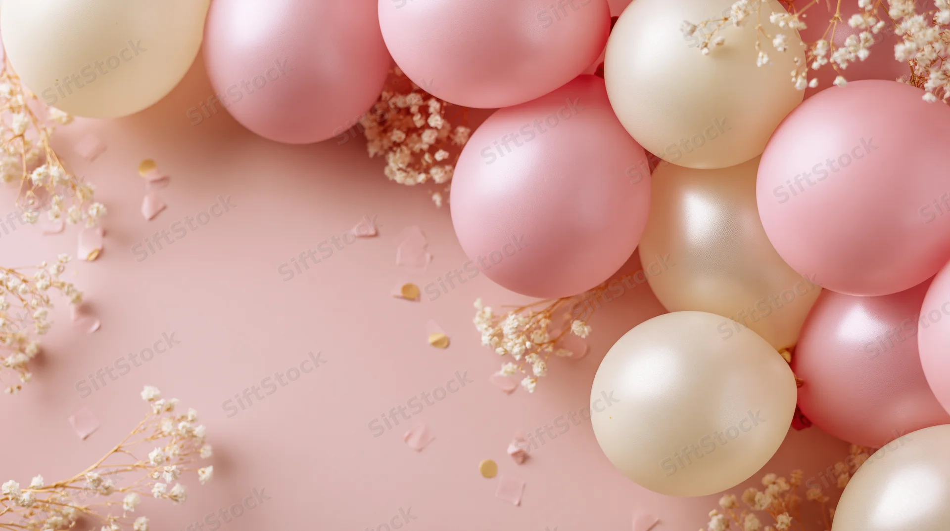 Cluster of pink and cream satin balloons with baby's breath and confetti on a pastel pink surface