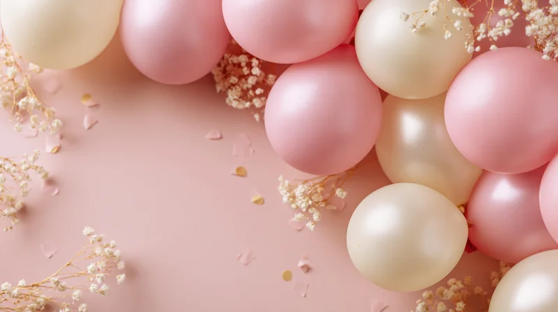 Cluster of pink and cream satin balloons with baby's breath and confetti on a pastel pink surface