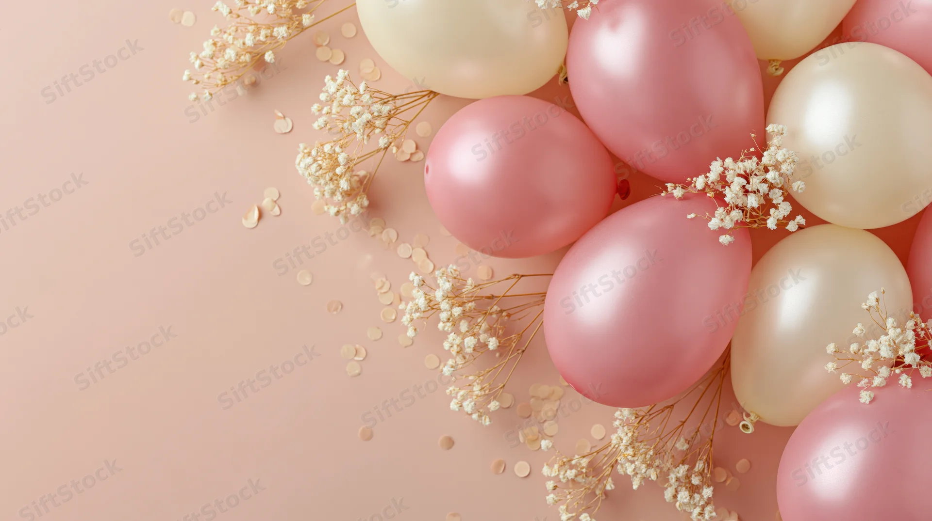 Cluster of pink and cream satin balloons with baby's breath and confetti on a pastel pink surface