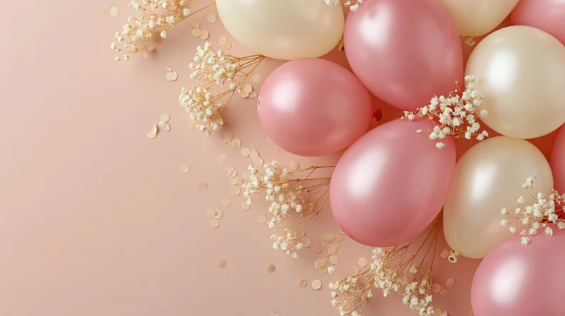 Cluster of pink and cream satin balloons with baby's breath and confetti on a pastel pink surface