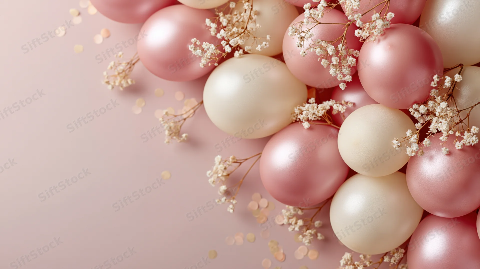 Cluster of pink and cream satin balloons with baby's breath flowers and confetti on a pastel surface