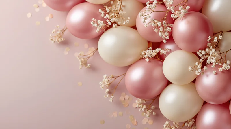 Cluster of pink and cream satin balloons with baby's breath flowers and confetti on a pastel surface