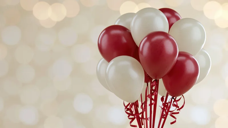 Cluster of red and white latex balloons with curling ribbons against a soft glowing bokeh background