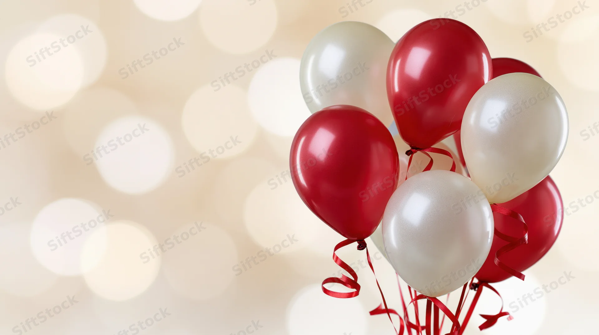 Cluster of red and pearl-white latex balloons with curling ribbons against a soft bokeh background