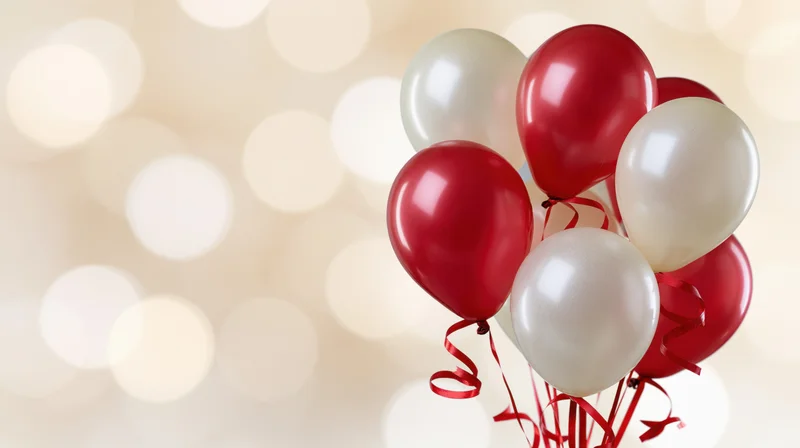 Cluster of red and pearl-white latex balloons with curling ribbons against a soft bokeh background