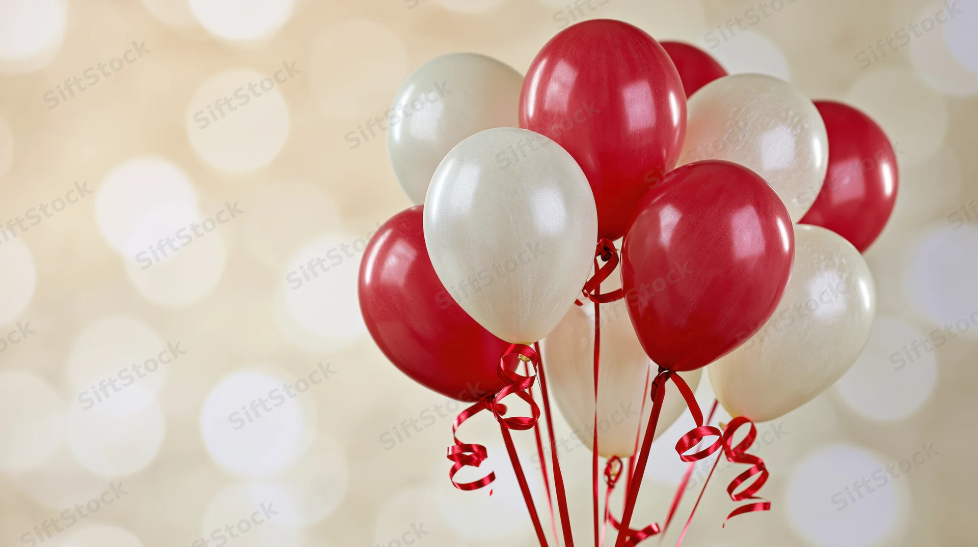 Cluster of red and pearl-white latex balloons with curling ribbons against a warm bokeh background