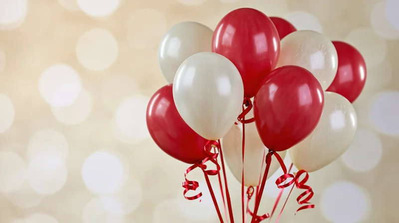 Cluster of red and pearl-white latex balloons with curling ribbons against a warm bokeh background