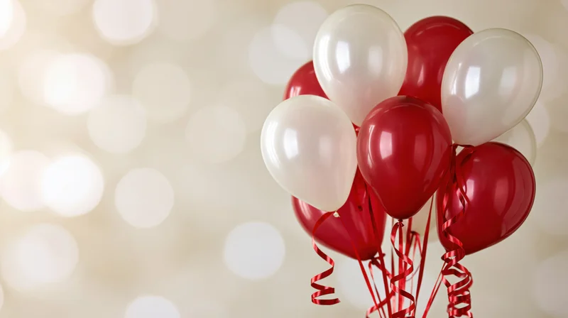 Cluster of red and white latex balloons with curling ribbons against a bokeh background