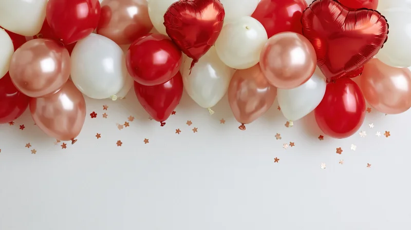 Cluster of red, white, and rose-gold metallic balloons with heart shapes and star confetti on white surface