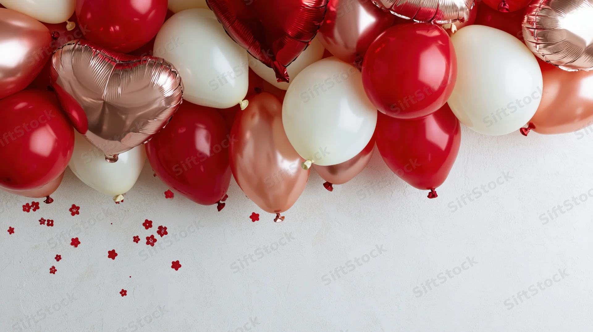 Cluster of red, white and rose-gold metallic balloons arranged on a white surface with scattered red star confetti