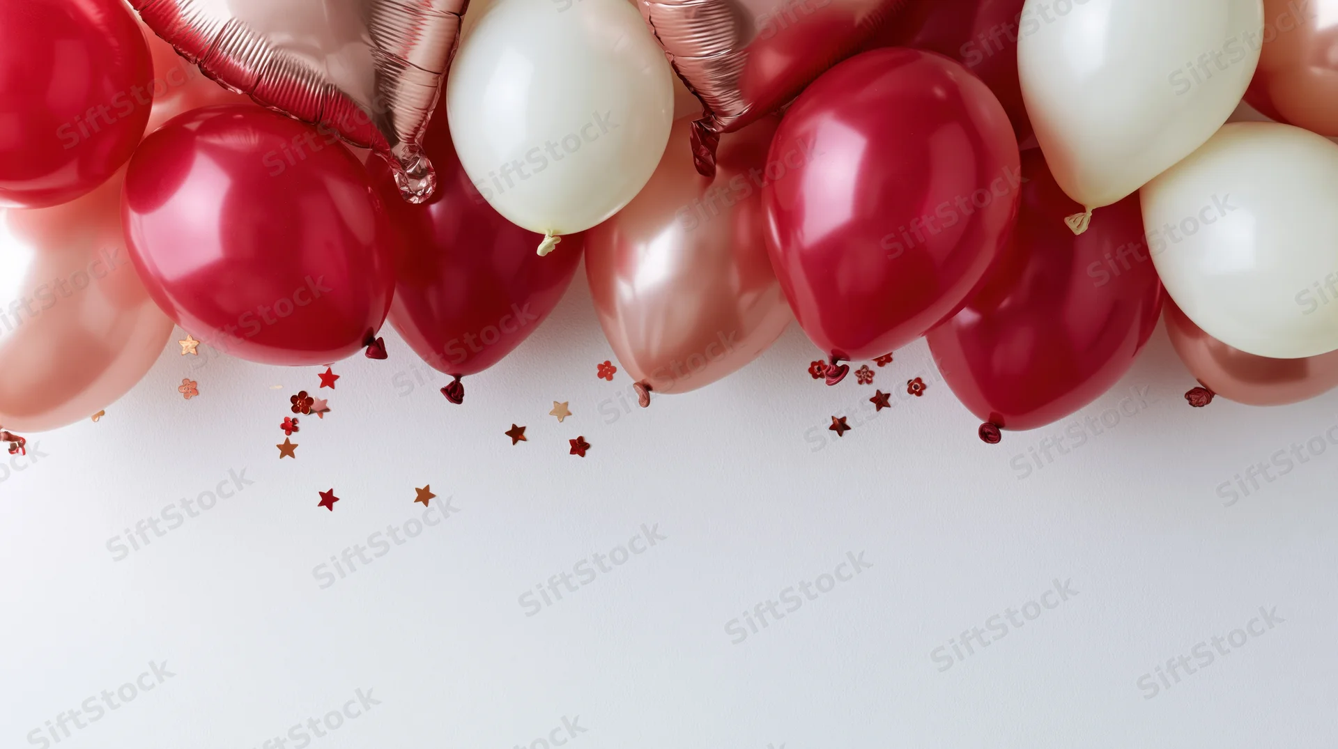 Cluster of red, white, and rose-gold metallic balloons with scattered star confetti along the top edge against a white background