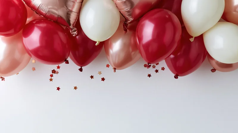 Cluster of red, white, and rose-gold metallic balloons with scattered star confetti along the top edge against a white background