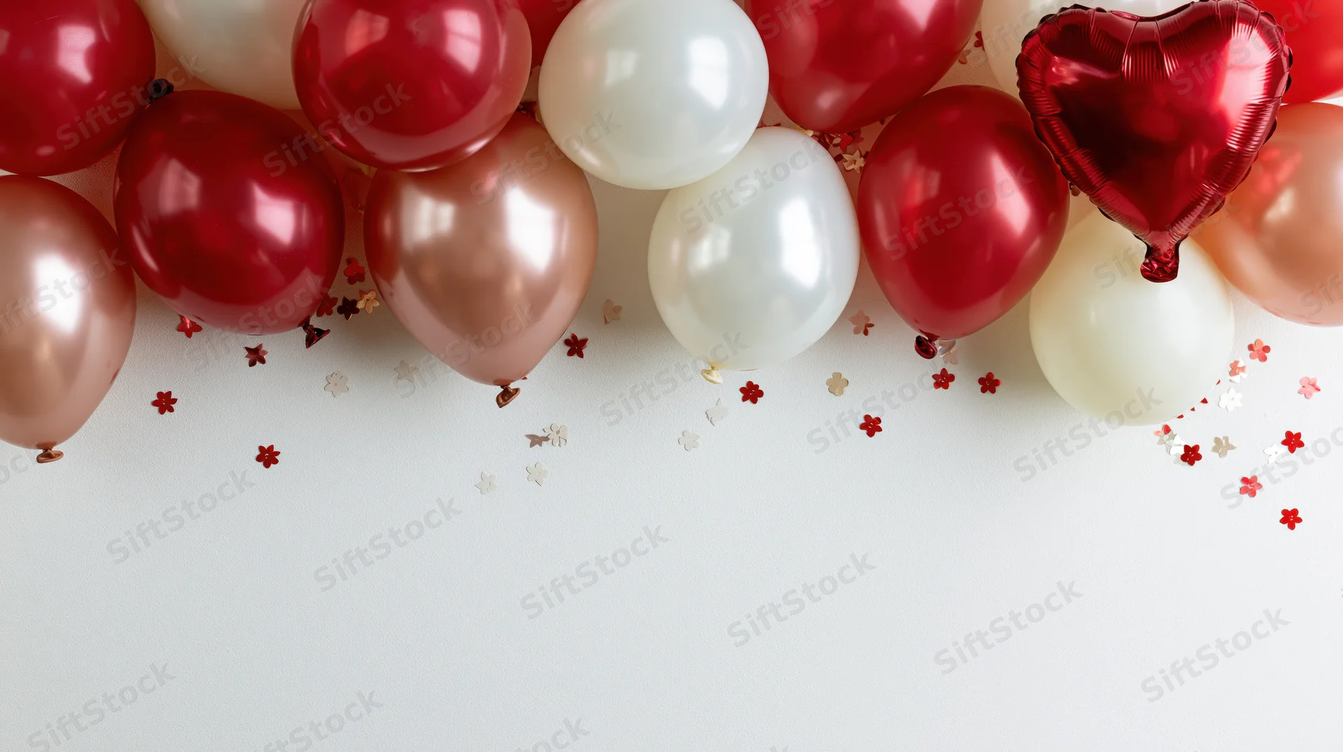 Cluster of red, white and rose-gold metallic balloons with heart-shaped balloon and confetti on white background