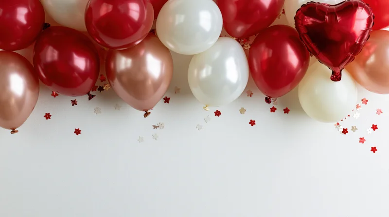 Cluster of red, white and rose-gold metallic balloons with heart-shaped balloon and confetti on white background