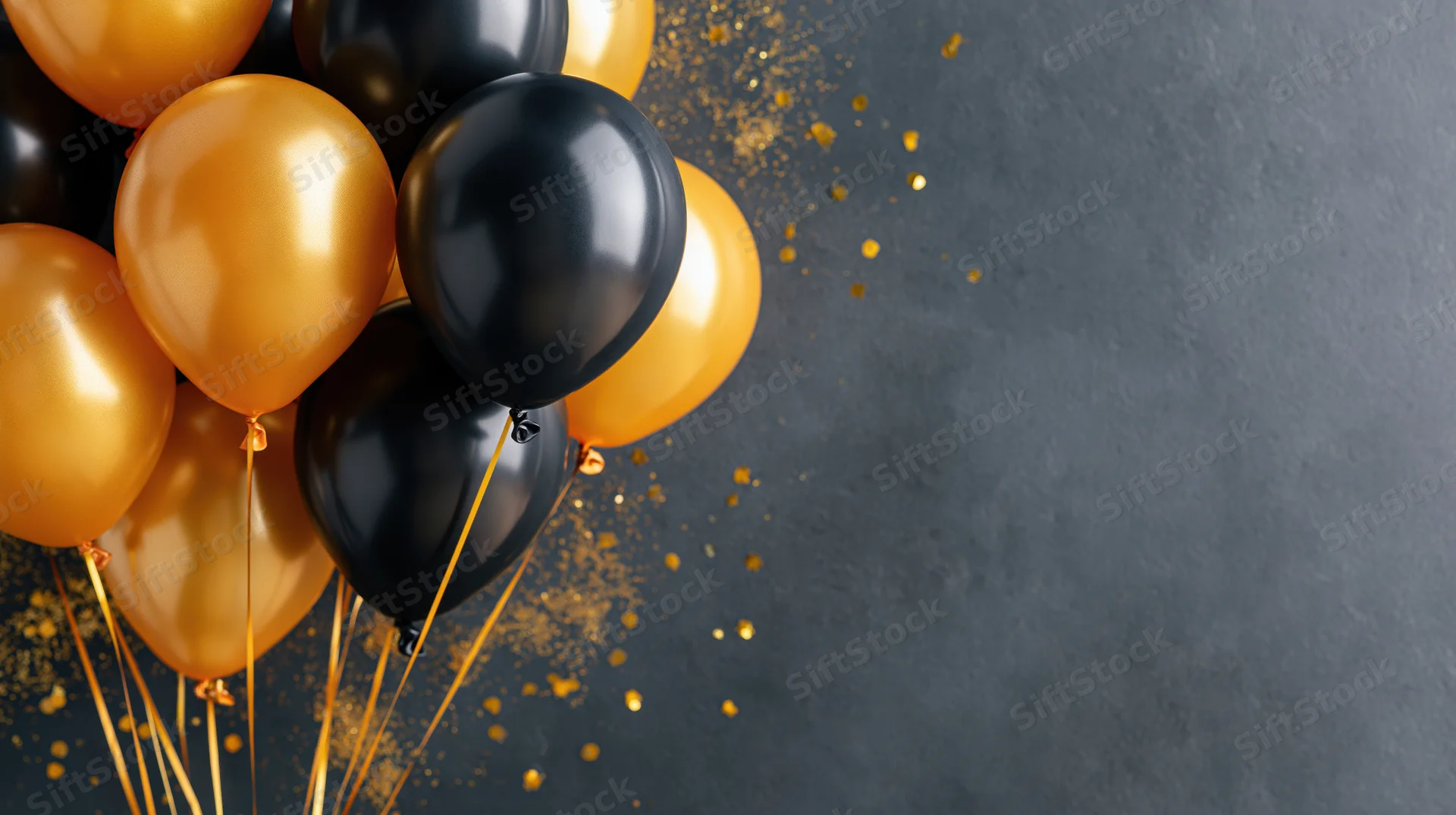 Cluster of shiny gold and black latex balloons with scattered glitter on dark surface