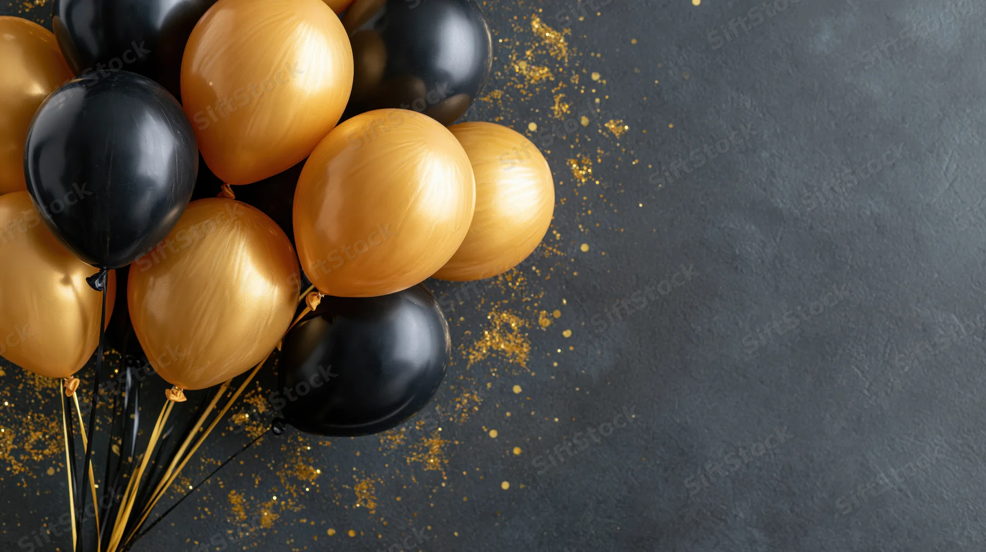 Cluster of shiny gold and black latex balloons on dark textured surface with scattered glitter