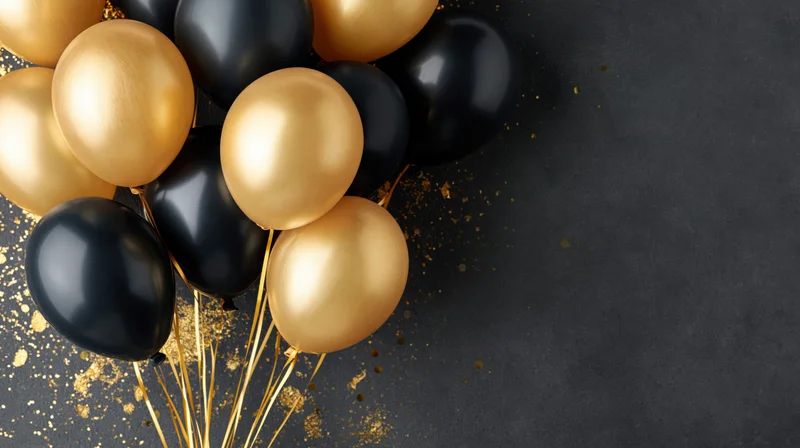 Cluster of shiny gold and black latex balloons on dark surface with confetti and copyspace