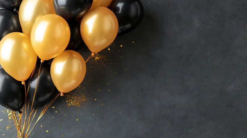 Shiny gold and black latex balloons clustered on dark surface with scattered glitter and copyspace