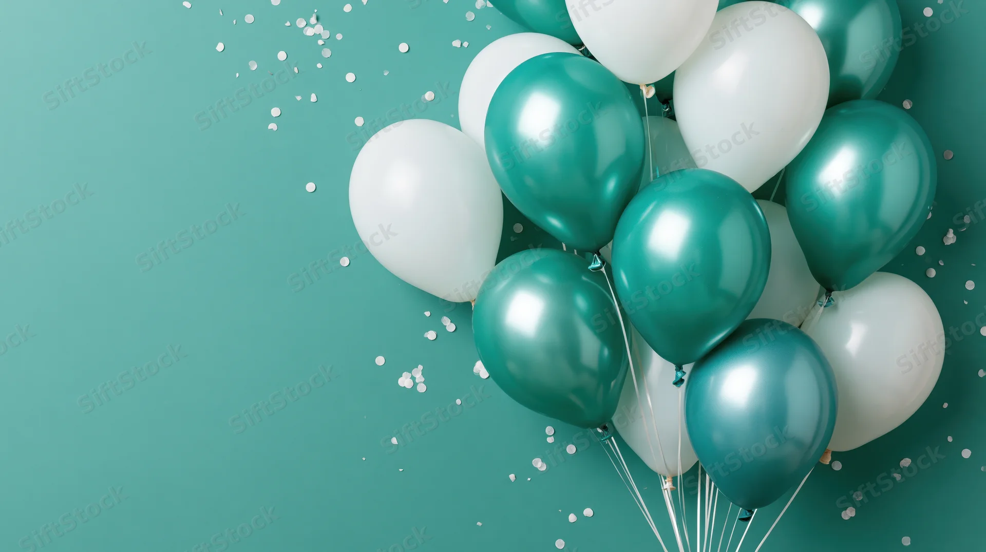 Cluster of teal metallic and white balloons with scattered confetti on teal background