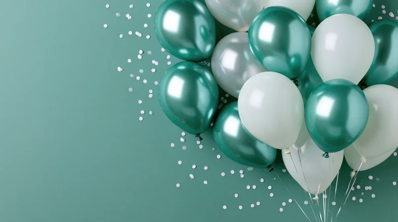Cluster of teal metallic and white balloons floating against a teal background with scattered confetti
