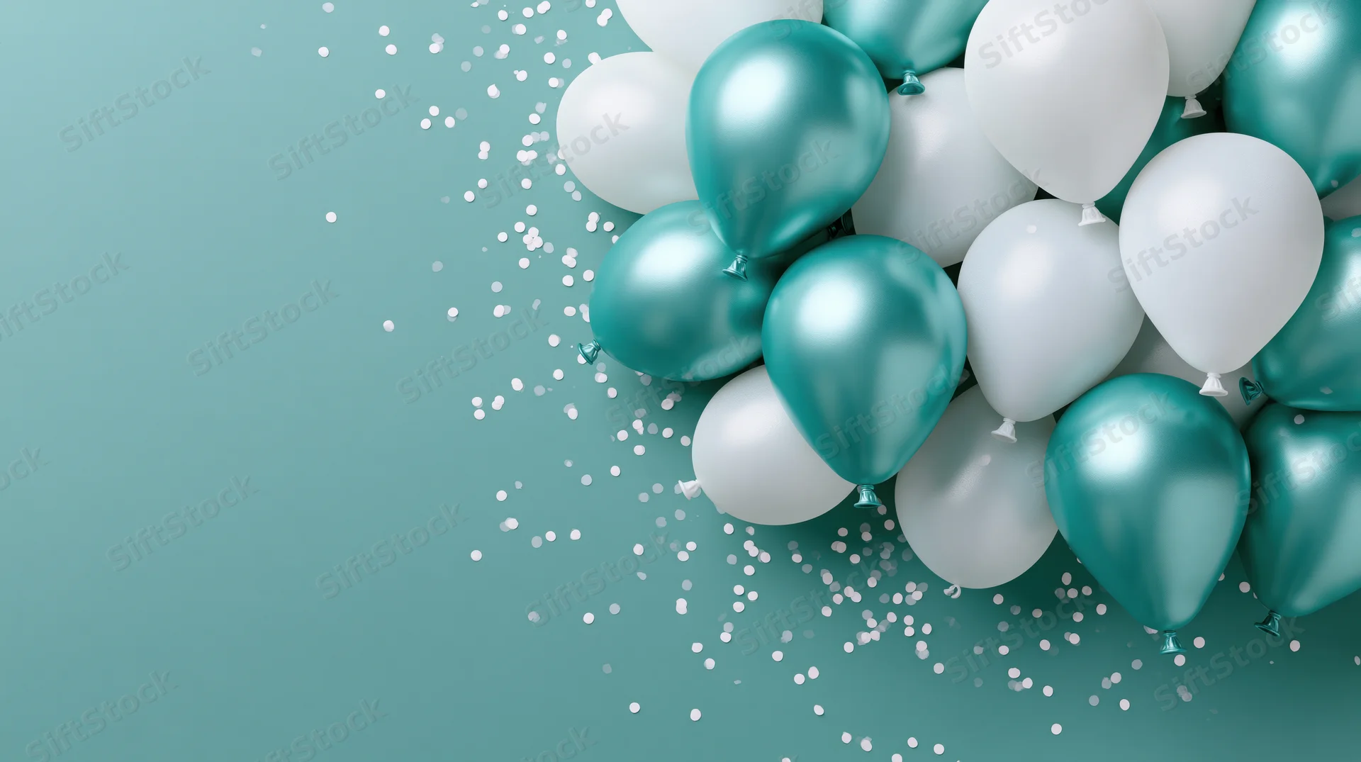 Cluster of teal metallic and white balloons with scattered confetti on a mint background